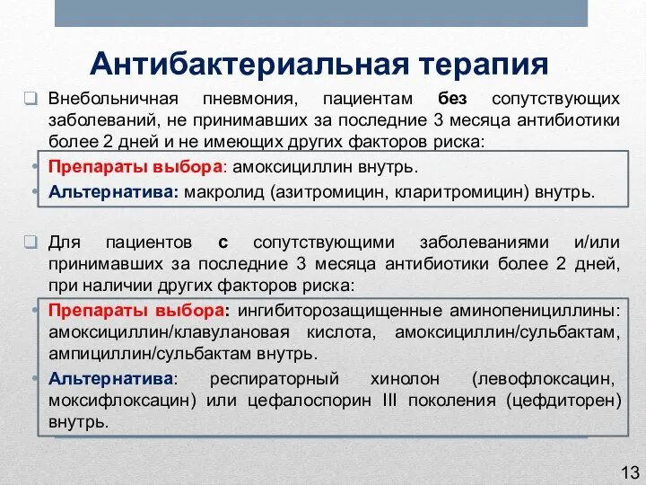 Антибактериальная терапия Внебольничная пневмония, пациентам без сопутствующих заболеваний, не принимавших за последние