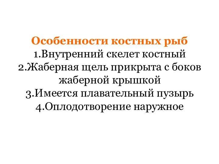 Особенности костных рыб 1.Внутренний скелет костный 2.Жаберная щель прикрыта с боков жаберной