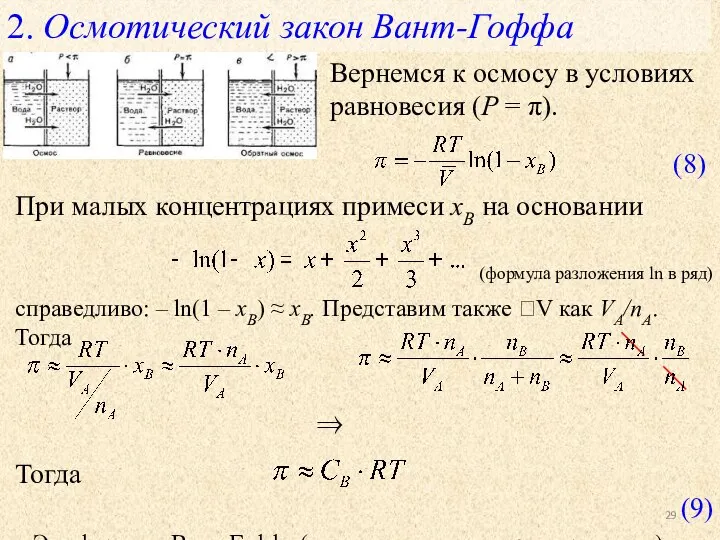 2. Осмотический закон Вант-Гоффа При малых концентрациях примеси xB на основании (формула