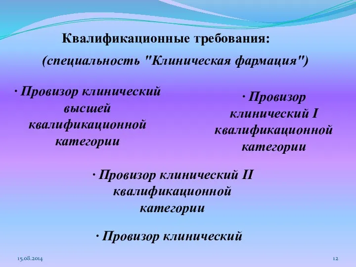 15.08.2014 ∙ Провизор клинический высшей квалификационной категории Квалификационные требования: ∙ Провизор клинический