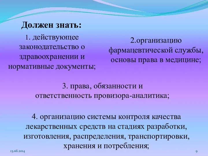 15.08.2014 Должен знать: 1. действующее законодательство о здравоохранении и нормативные документы; 2.организацию