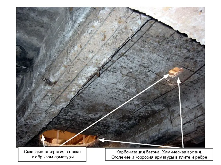 Карбонизация бетона. Химическая эрозия. Оголение и коррозия арматуры в плите и ребре