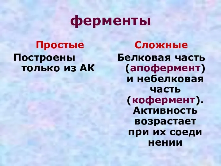 ферменты Простые Построены только из АК Сложные Белковая часть (апофермент) и небелковая