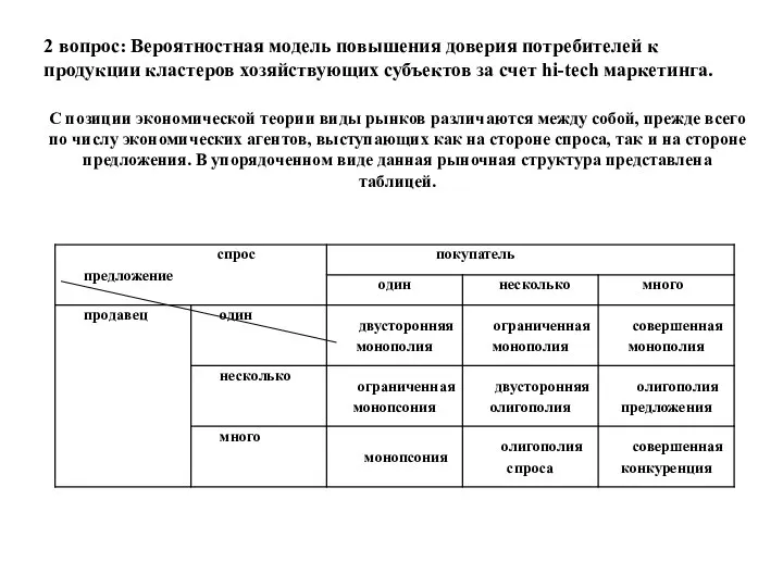 С позиции экономической теории виды рынков различаются между собой, прежде всего по