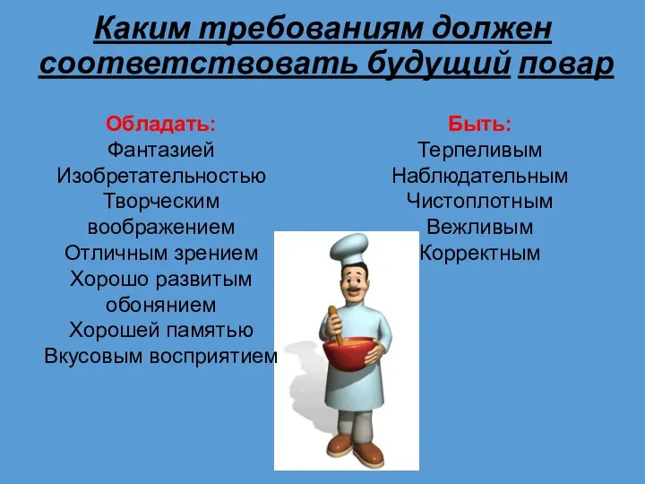 Каким требованиям должен соответствовать будущий повар Обладать: Фантазией Изобретательностью Творческим воображением Отличным