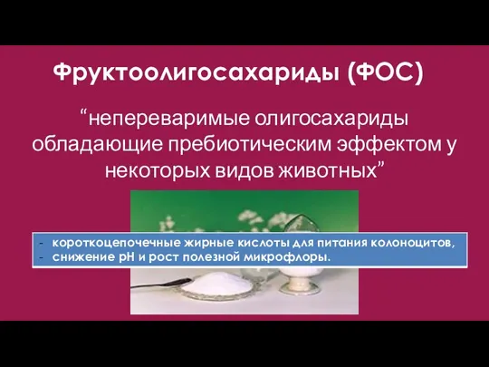 “непереваримые олигосахариды обладающие пребиотическим эффектом у некоторых видов животных” Фруктоолигосахариды (ФОС)