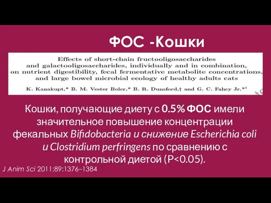 ФОС -Кошки J Anim Sci 2011;89:1376–1384 Кошки, получающие диету с 0.5% ФОС