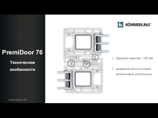 Tехнические особенности premium quality est 1897 Средний переплет: 103 мм надежный износостойкий силиконовый уплотнитель PremiDoor 76