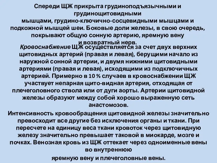 Спереди ЩЖ прикрыта грудиноподъязычными и грудинощитовидными мышцами, грудино-ключично-сосцевидными мышцами и подкожной мышцей