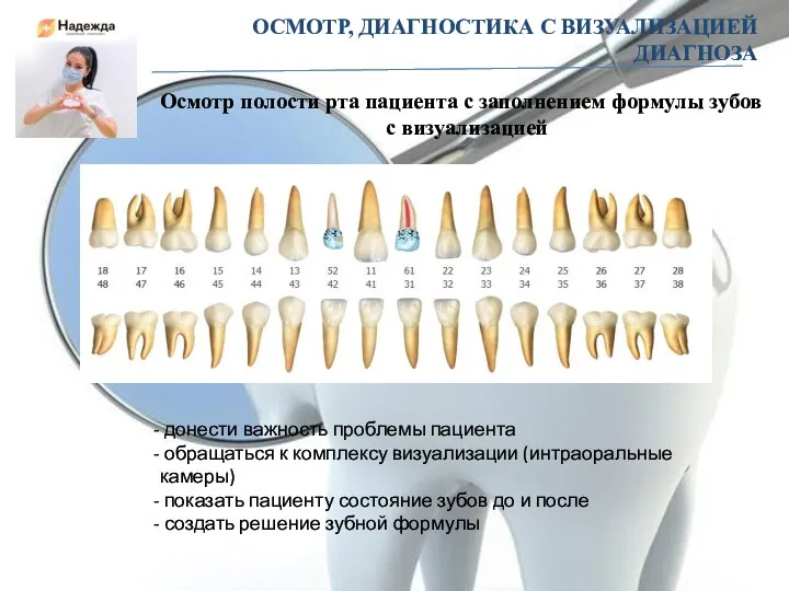 ОСМОТР, ДИАГНОСТИКА С ВИЗУАЛИЗАЦИЕЙ ДИАГНОЗА Осмотр полости рта пациента с заполнением формулы