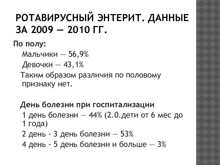 РОТАВИРУСНЫЙ ЭНТЕРИТ. ДАННЫЕ ЗА 2009 — 2010 ГГ. По полу: Мальчики —