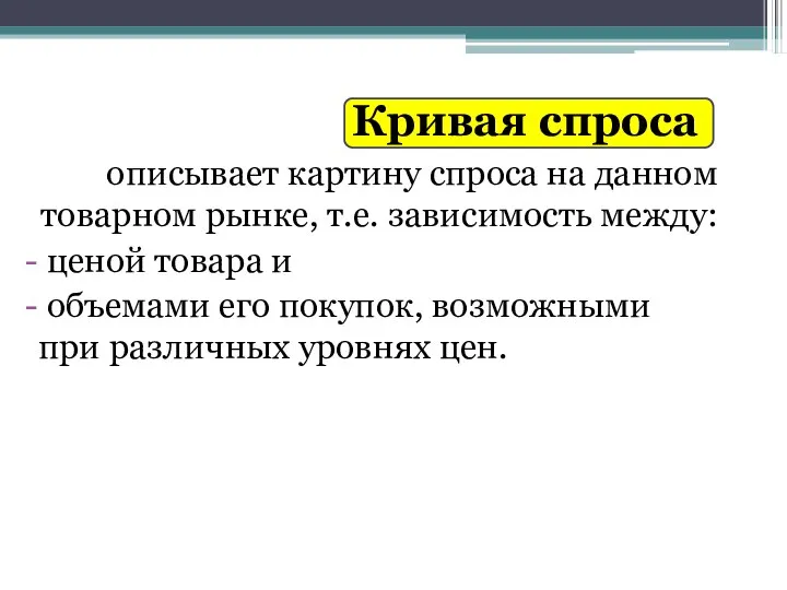 Кривая спроса описывает картину спроса на данном товарном рынке, т.е. зависимость между: