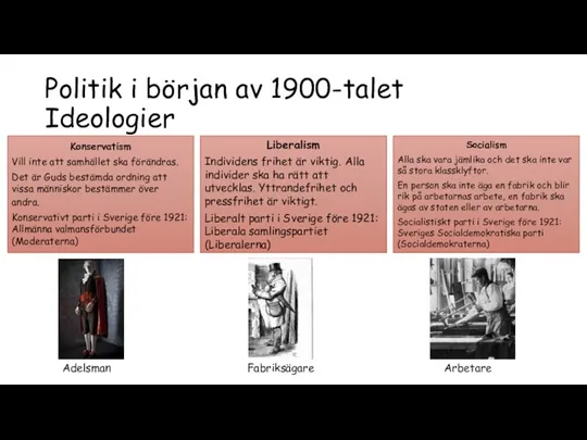 Politik i början av 1900-talet Ideologier Adelsman Fabriksägare Arbetare Konservatism Vill inte