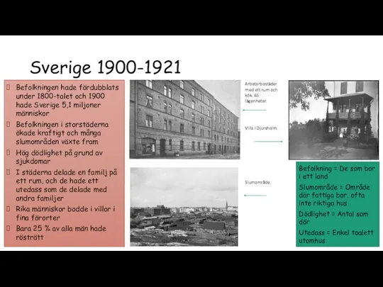 Sverige 1900-1921 Befolkningen hade fördubblats under 1800-talet och 1900 hade Sverige 5,1