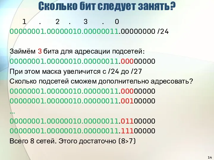 Сколько бит следует занять? 1 . 2 . 3 . 0 00000001.00000010.00000011.00000000