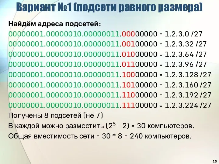 Вариант №1 (подсети равного размера) Найдём адреса подсетей: 00000001.00000010.00000011.00000000 = 1.2.3.0 /27
