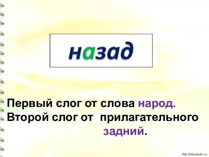 Первый слог от слова народ. Второй слог от прилагательного задний.