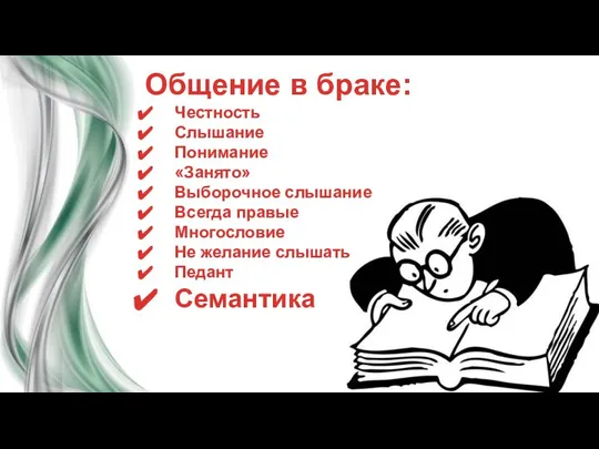 Общение в браке: Честность Слышание Понимание «Занято» Выборочное слышание Всегда правые Многословие