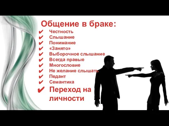 Общение в браке: Честность Слышание Понимание «Занято» Выборочное слышание Всегда правые Многословие