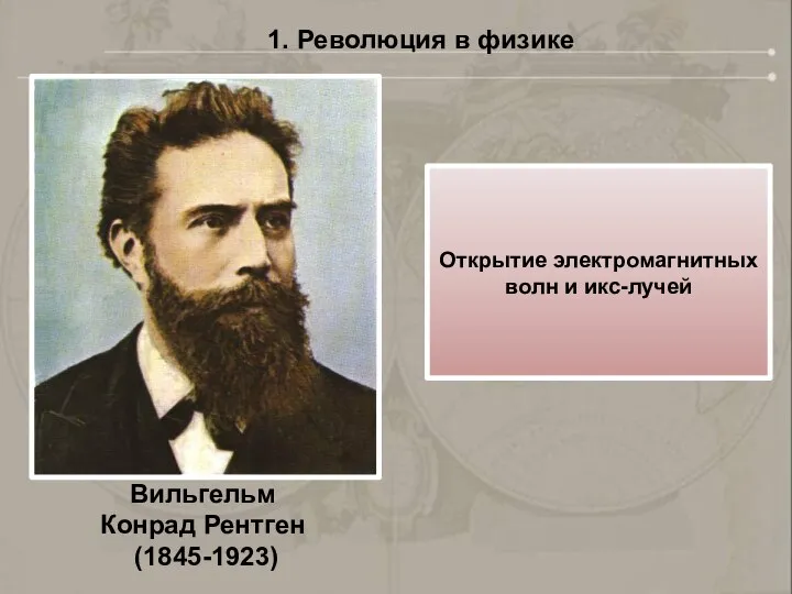 1. Революция в физике Открытие электромагнитных волн и икс-лучей Вильгельм Конрад Рентген (1845-1923)