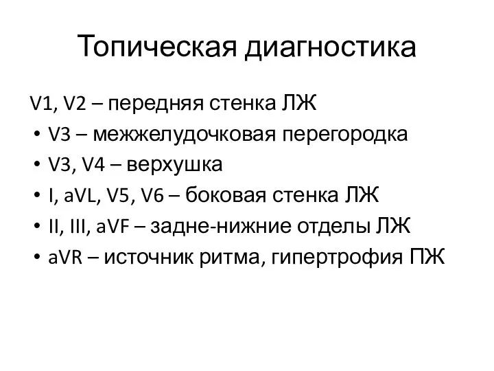 Топическая диагностика V1, V2 – передняя стенка ЛЖ V3 – межжелудочковая перегородка