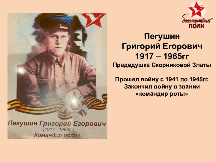 Пегушин Григорий Егорович 1917 – 1965гг Прадедушка Скорняковой Златы Прошел войну с