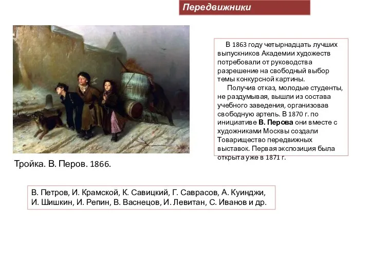 Тройка. В. Перов. 1866. Передвижники В 1863 году четырнадцать лучших выпускников Академии