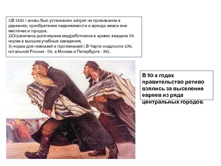 1)В 1881 г.вновь был установлен запрет на проживание в деревнях, приобретение недвижимости