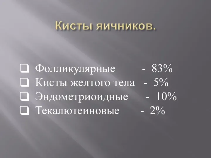 ❑ Фолликулярные - 83% ❑ Кисты желтого тела - 5% ❑ Эндометриоидные