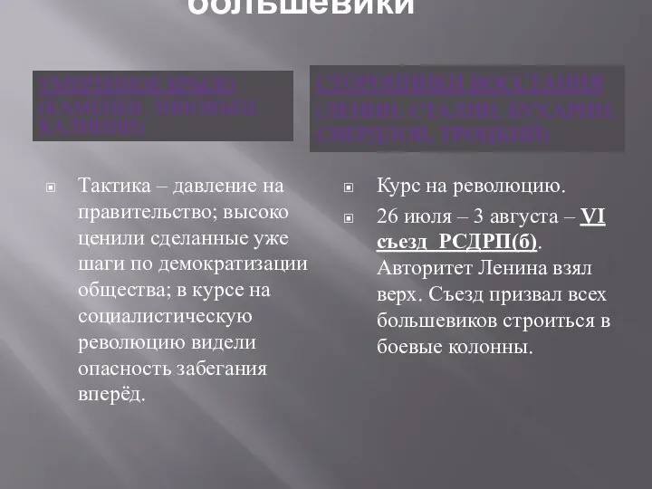 большевики УМЕРЕННОЕ КРЫЛО (КАМЕНЕВ, ЗИНОВЬЕВ, КАЛИНИН) СТОРОННИКИ ВОССТАНИЯ (ЛЕНИН, СТАЛИН, БУХАРИН, СВЕРДЛОВ,