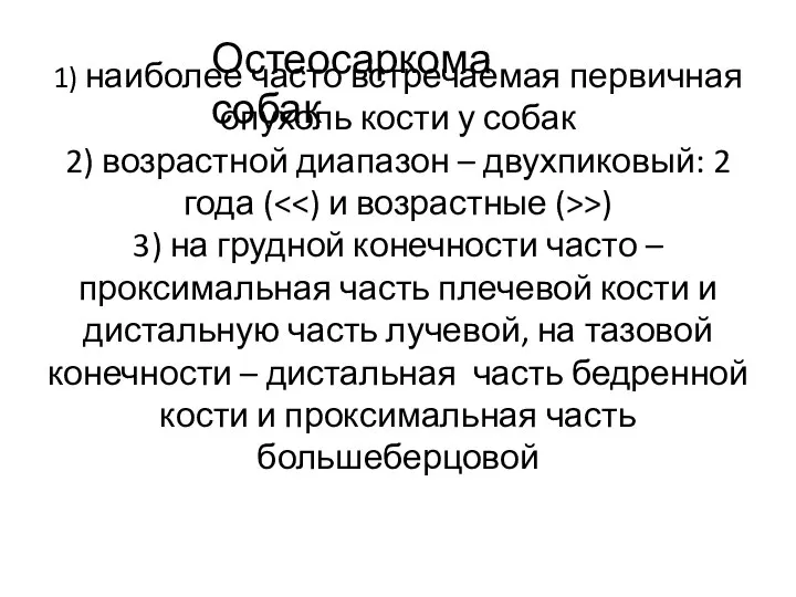 1) наиболее часто встречаемая первичная опухоль кости у собак 2) возрастной диапазон