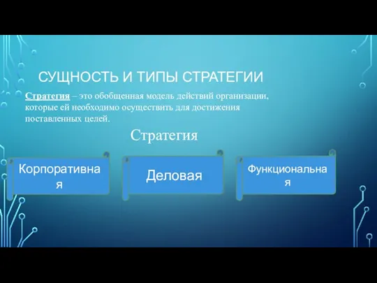 СУЩНОСТЬ И ТИПЫ СТРАТЕГИИ Стратегия – это обобщенная модель действий организации, которые