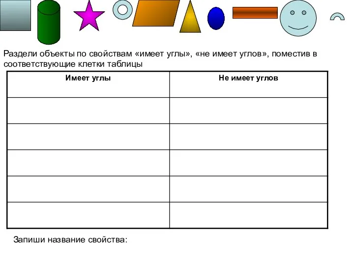 Раздели объекты по свойствам «имеет углы», «не имеет углов», поместив в соответствующие