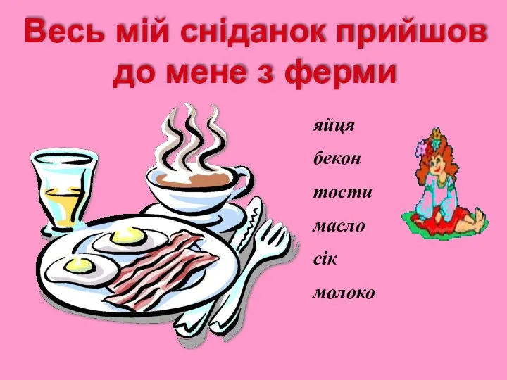 Весь мій сніданок прийшов до мене з ферми яйця бекон тости масло сік молоко