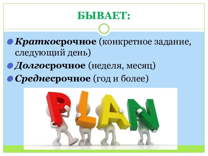 БЫВАЕТ: Краткосрочное (конкретное задание, следующий день) Долгосрочное (неделя, месяц) Среднесрочное (год и более)