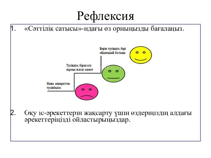 Рефлексия «Сәттілік сатысы»-ндағы өз орныңызды бағалаңыз. Оқу іс-әрекеттерін жақсарту үшін өздеріңіздің алдағы әрекеттеріңізді ойластырыңыздар.