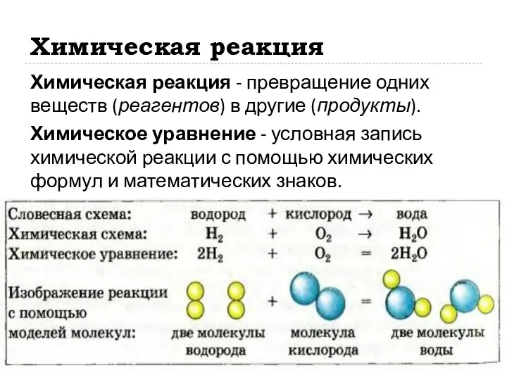 Химическая реакция Химическая реакция - превращение одних веществ (реагентов) в другие (продукты).