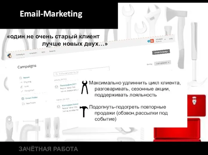 Максимально удлиннить цикл клиента, разговаривать, сезонные акции, поддерживать лояльность Подопнуть-подогреть повторные продажи