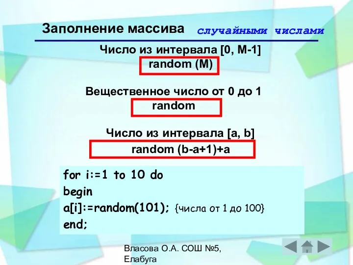 Власова О.А. СОШ №5, Елабуга Заполнение массива случайными числами Вещественное число от