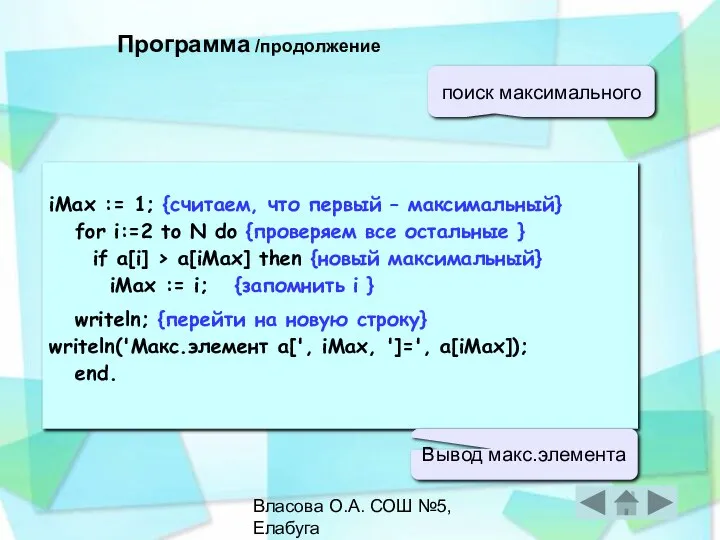 Власова О.А. СОШ №5, Елабуга iMax := 1; {считаем, что первый –