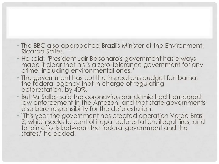 The BBC also approached Brazil's Minister of the Environment, Ricardo Salles. He