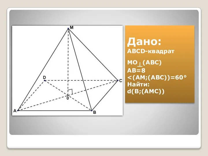 Дано: ABCD-квадрат MO┴(ABC) AB=8