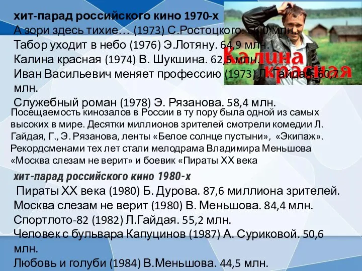 Посещаемость кинозалов в России в ту пору была одной из самых высоких