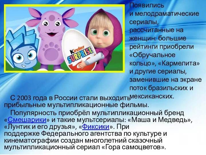 С 2003 года в России стали выходить прибыльные мультипликационные фильмы. Популярность приобрёл