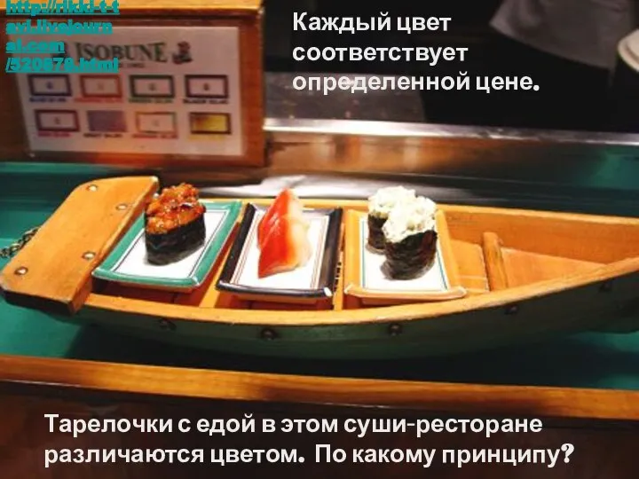 Тарелочки с едой в этом суши-ресторане различаются цветом. По какому принципу? Каждый