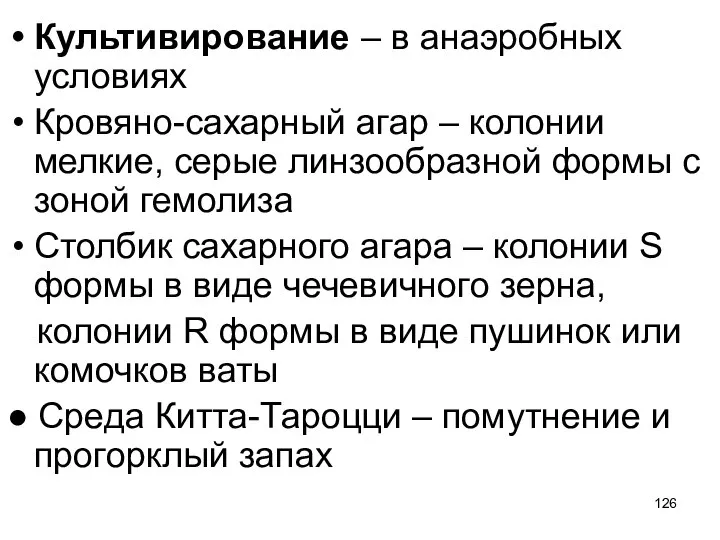 Культивирование – в анаэробных условиях Кровяно-сахарный агар – колонии мелкие, серые линзообразной