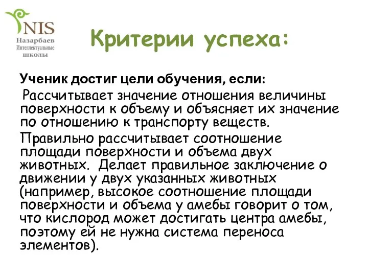 Критерии успеха: Ученик достиг цели обучения, если: Рассчитывает значение отношения величины поверхности