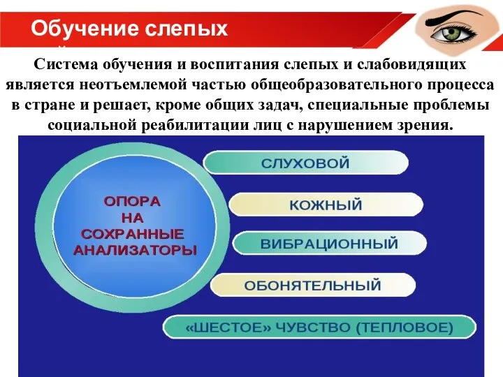 Обучение слепых детей Система обучения и воспитания слепых и слабовидящих является неотъемлемой