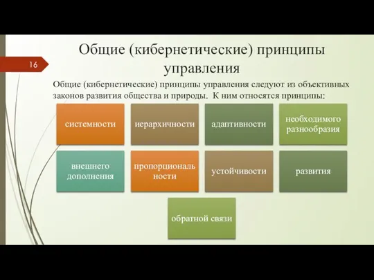 Общие (кибернетические) принципы управления Общие (кибернетические) принципы управления следуют из объективных законов