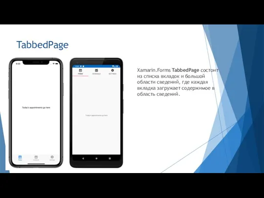 TabbedPage Xamarin.Forms TabbedPage состоит из списка вкладок и большой области сведений, где